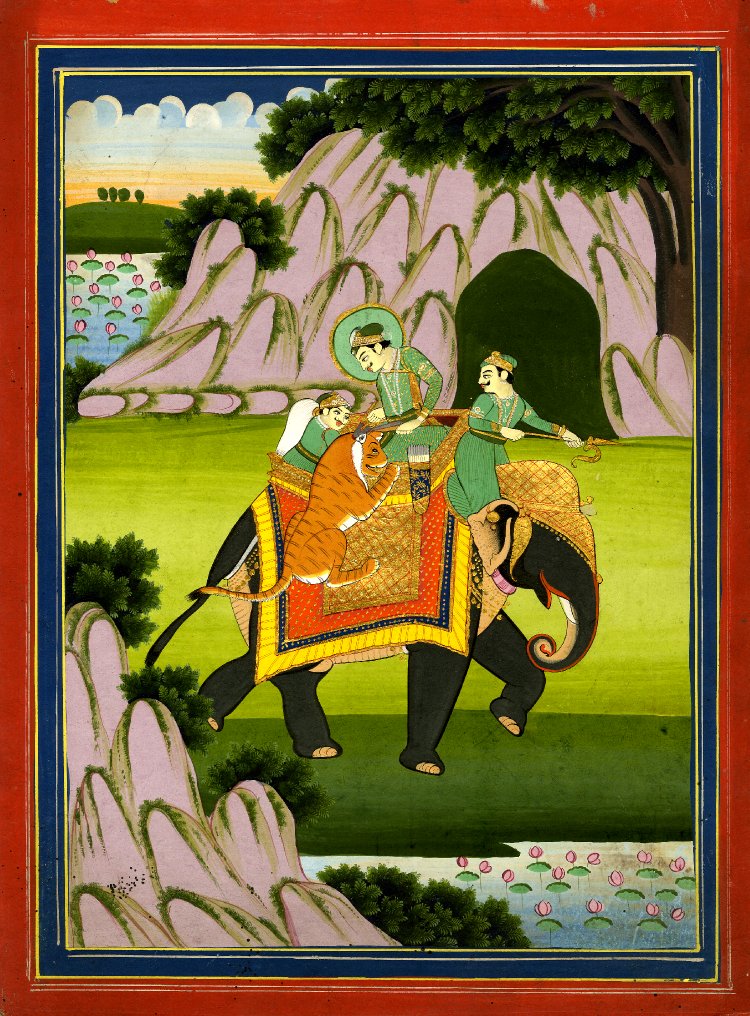 Asil ve görevliler kaplan Rajasthan tarafından saldırıya uğrayan bir filin üzerinde resmedilmiş, 1790-1810.